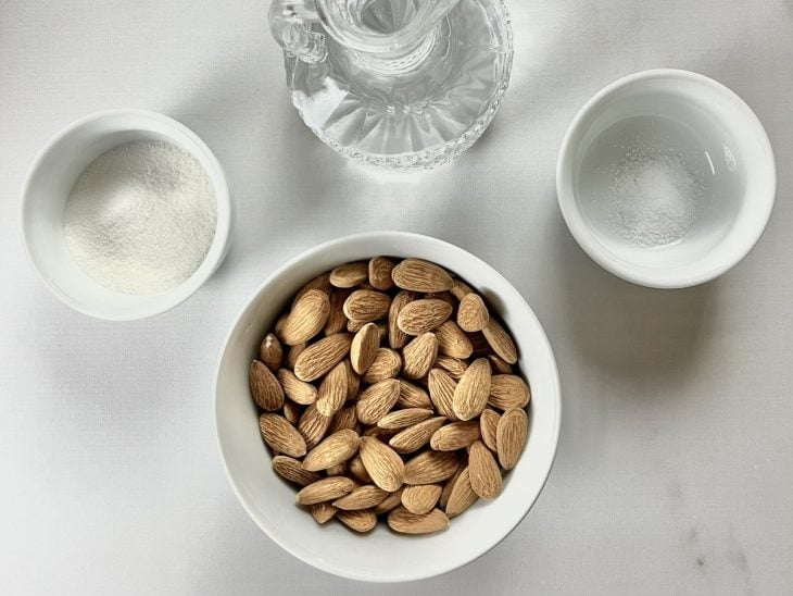 ingredientes reunidos para fazer leite de amêndoas