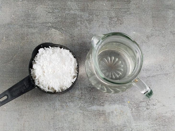 Ingredientes para a receita de leite de coco caseiro reunidos.