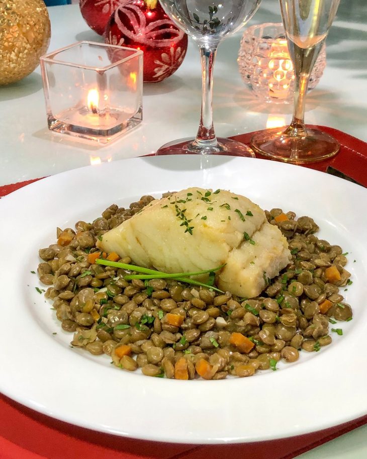 Lombo de bacalhau com ragu de lentilhas