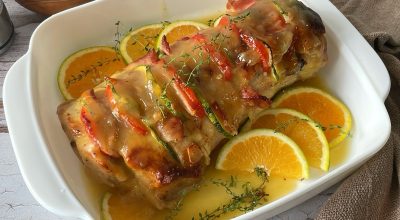 Lombo de porco recheado ao molho de laranja