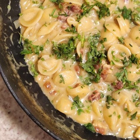 Macarrão com cebola caramelizada e bacon