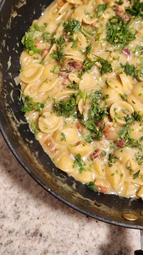 Macarrão com cebola caramelizada e bacon