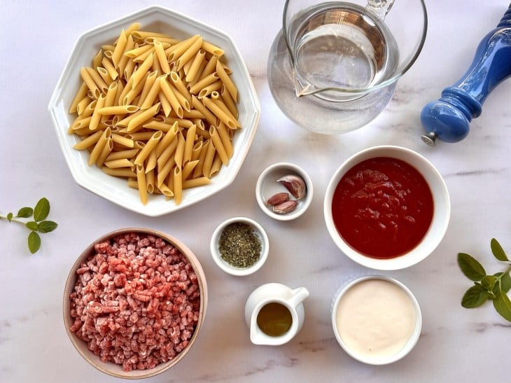 Todos os ingredientes do macarrão de panela de pressão reunidos.