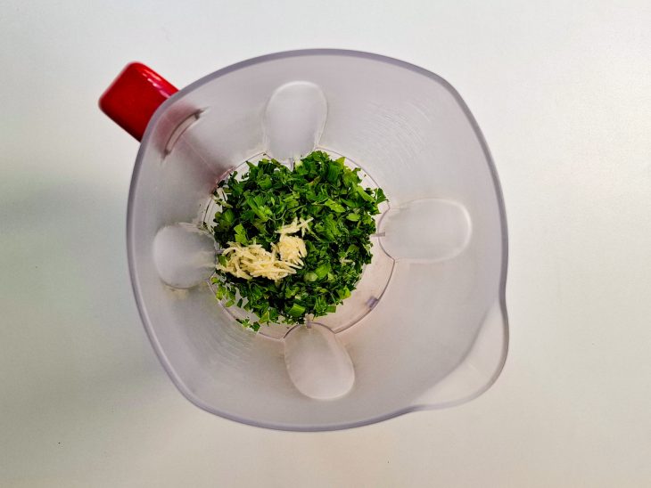 Leite, o alho, o sal e o cheiro-verde no liquidificador.