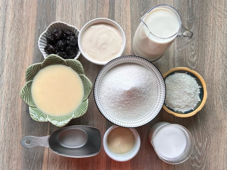 Ingredientes para a receita de manjar de coco fácil.