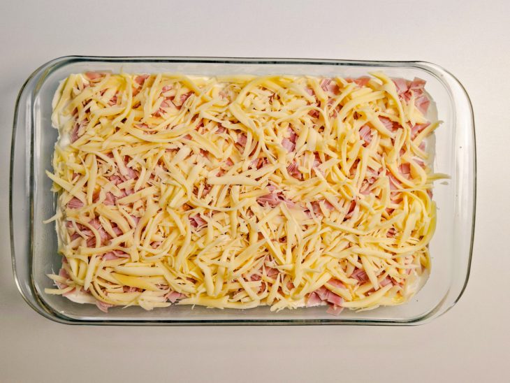 Camada de queijo prato ralado cobrindo todo o recheio.