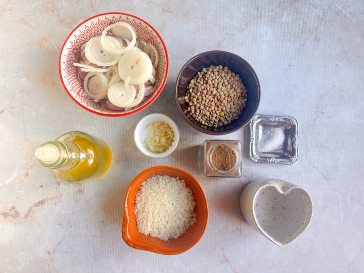 Ingredientes organizados na bancada com cebolas fatiadas, arroz e lentilha.