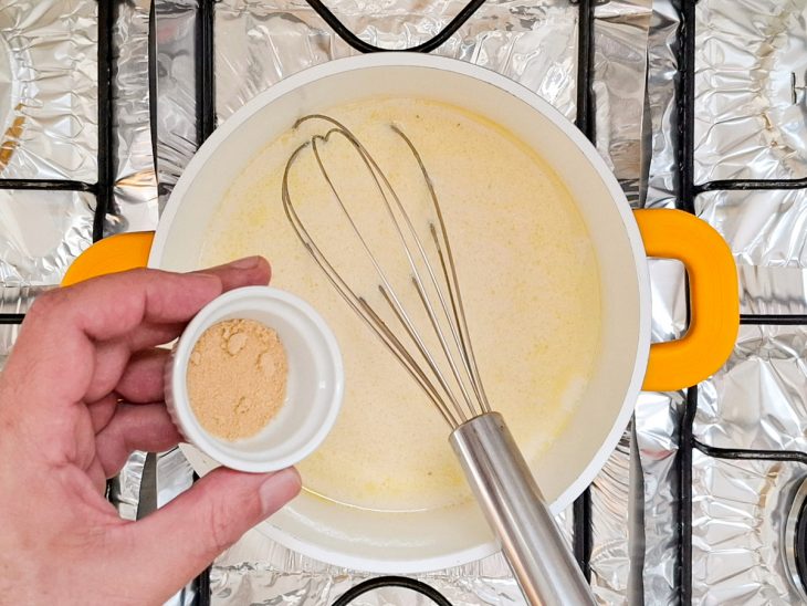 Na mesma panela, sal, pimenta e alho em pó adicionados.