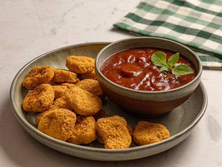 Molho barbecue de goiabada servido com nuggets.