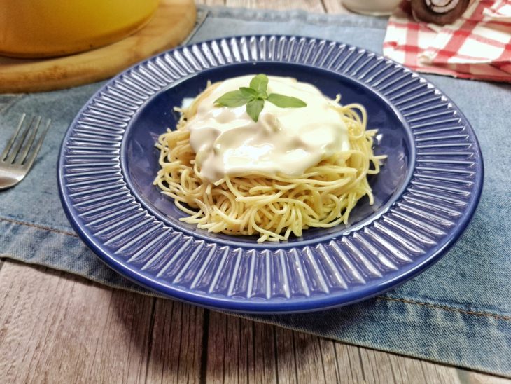 Prato com macarrão e molho bechamel com creme de leite.