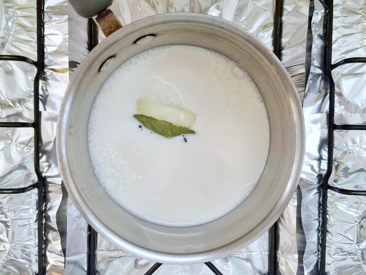 Leite vegetal e cebola adicionados na panela.