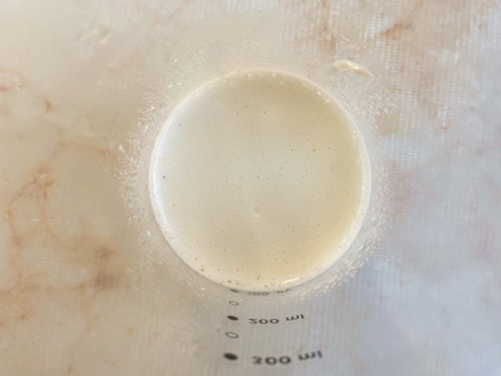 Leite e dente de alho batidos no copo do liquidificador.