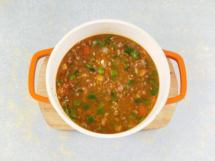 Molho de tomate e água adicionados na panela.