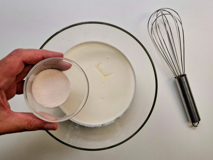 Leite condensado, creme de leite e suco em pó adicionados numa tigela.