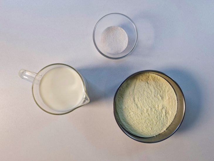 Ingredientes organizados na bancada com leite, leite em pó e suco em pó.