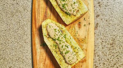 Palmito pupunha assado com creme de tofu