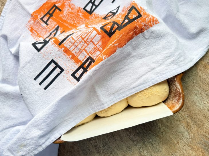 Pães cobertos com pano de prato.