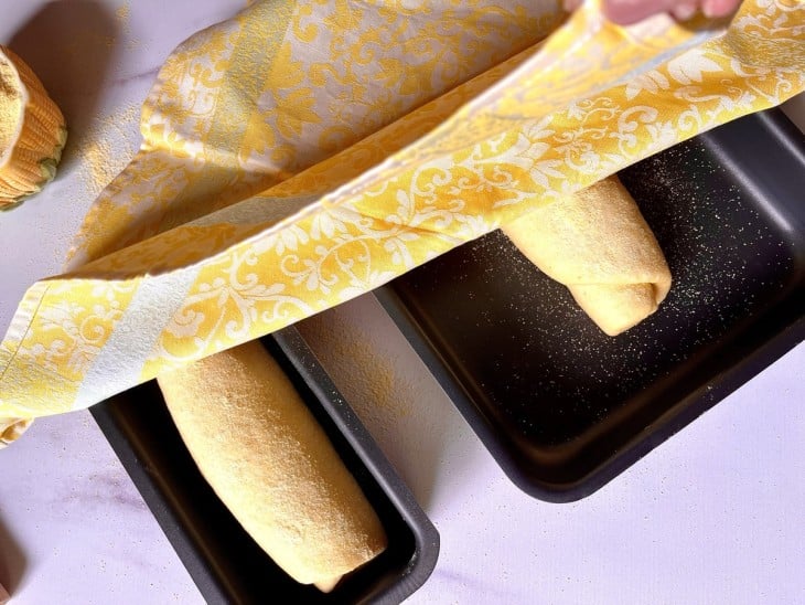As duas massas de pão enroladas em formato de rocambole e passadas no fubá, dispostas em cima em formas untadas e sendo cobertas por um pano.