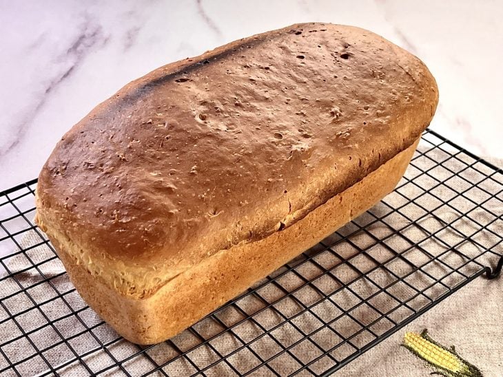 Um recipiente contendo pão de milho de liquidificador fácil.