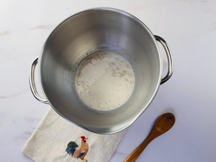 Um recipiente contendo leite e fermento biológico.