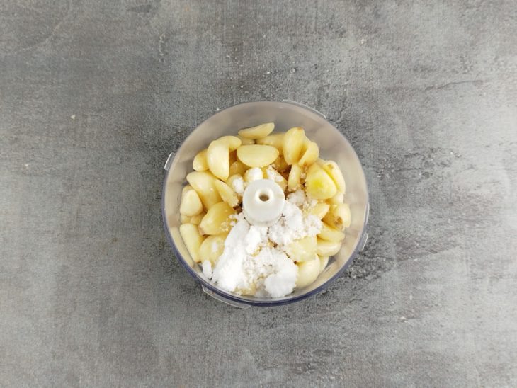 Alho e sal no processador.