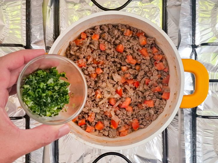 Cheiro verde sendo adicionado a panela, junto com a carne os tomates.