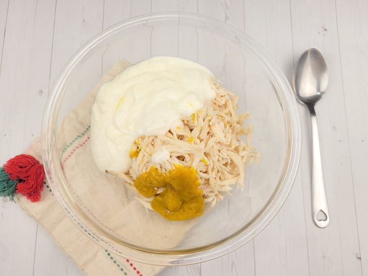 Um recipiente contendo frango desfiado, mostarda e iogurte natural.