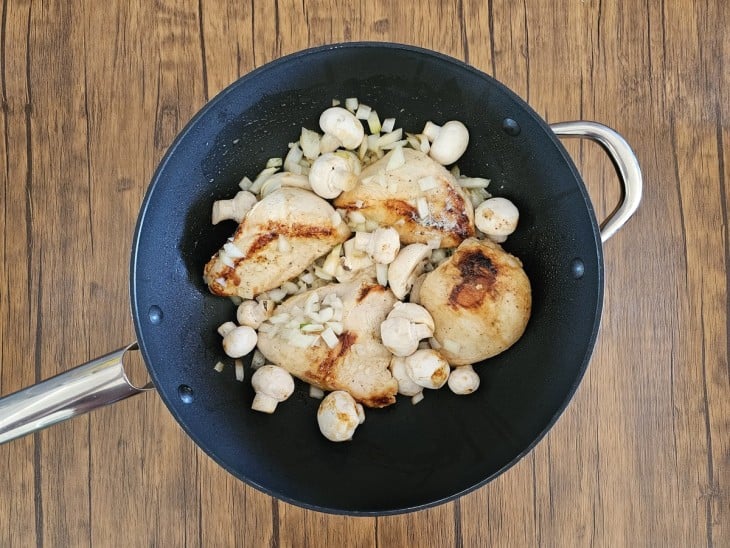 Peitos de frango e cogumelos em uma frigideira.