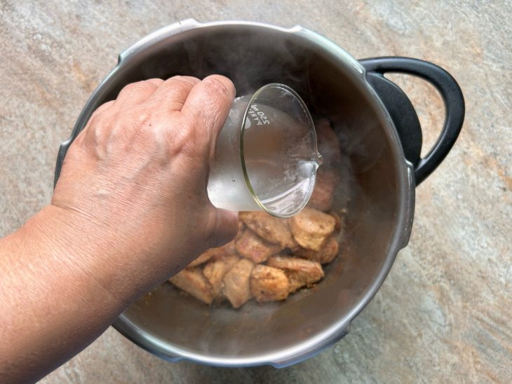 Água sendo colocada na panela com o pernil.