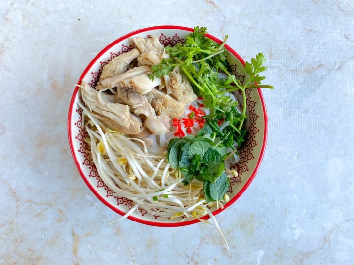 Um bowl com o macarrão, frango, moyashi, cebolinha, hortelã, coentro e pimenta.