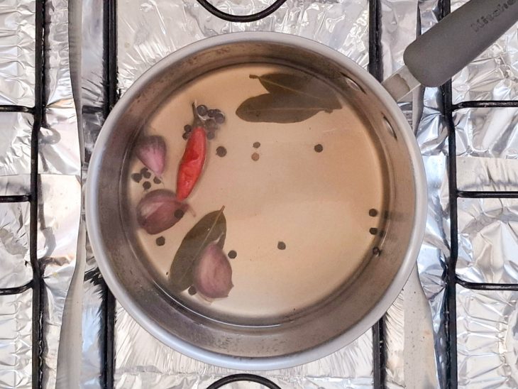 Numa panela, a água, o vinagre, o sal, o açúcar, as folhas de louro, os grãos de pimenta, a dedo-de-moça e os dentes de alho.