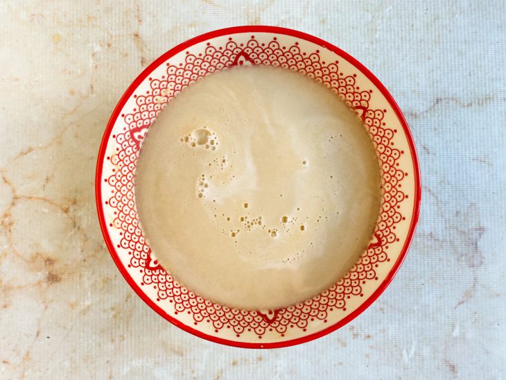 No recipiente, a água, o açúcar e o fermento estão misturados.