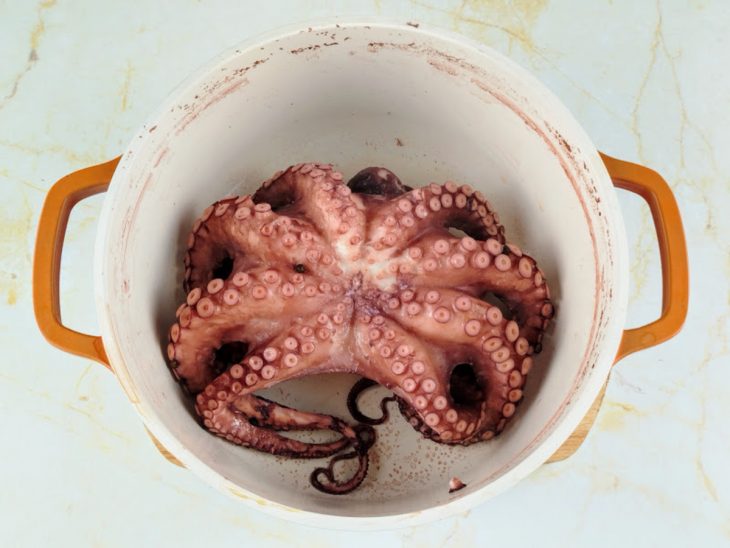 polvo cozido e escorrido.
