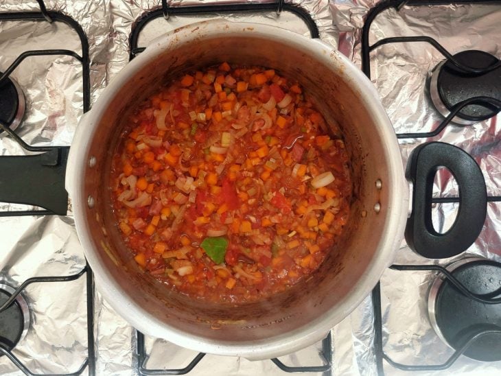 Extrato de tomate, alho e orégano adicionados na panela com a carne.