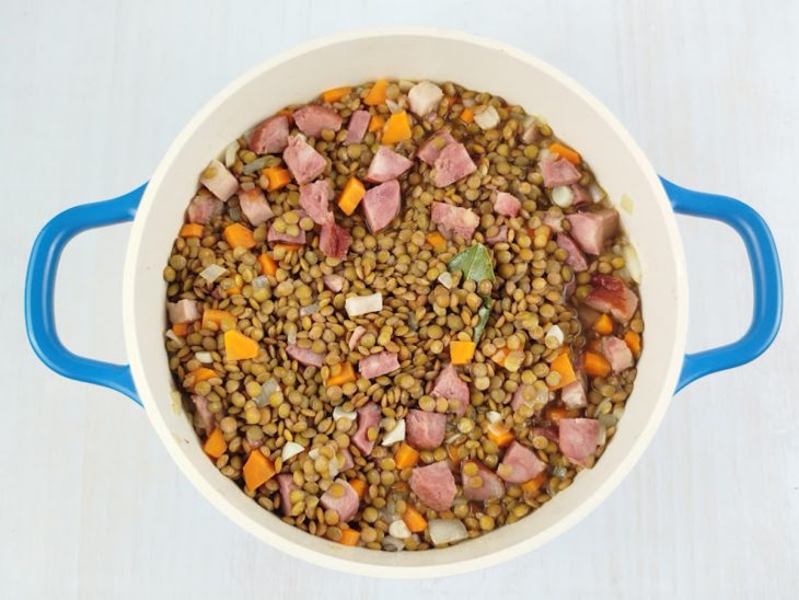 Lentilha adicionada na panela.