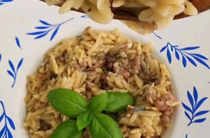 Risoni com linguiça, champignon e gorgonzola
