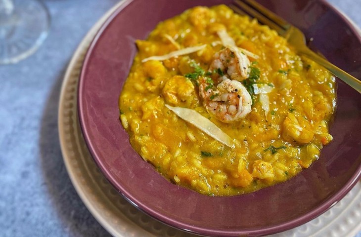 Risoto de abóbora com camarão