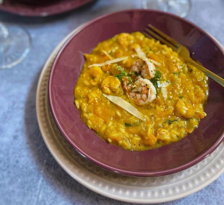 Risoto de abóbora com camarão