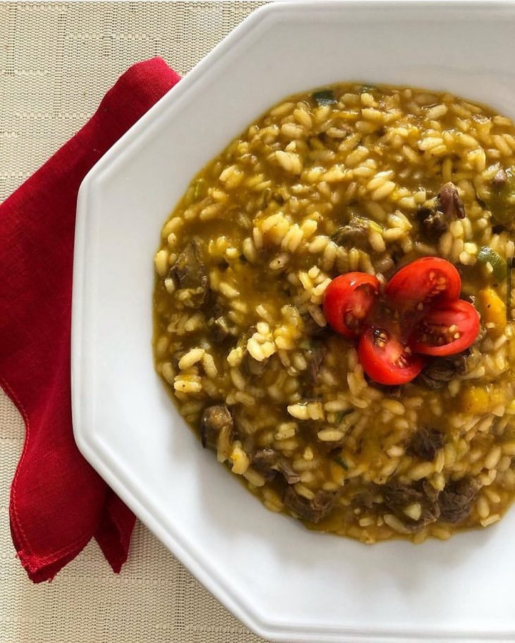 Risoto de abóbora com iscas de mignon