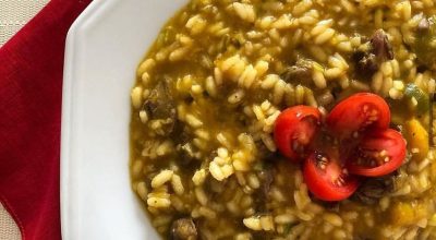 Risoto de abóbora com iscas de mignon