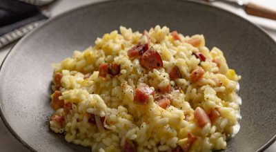 Risoto de alho-poró com bacon