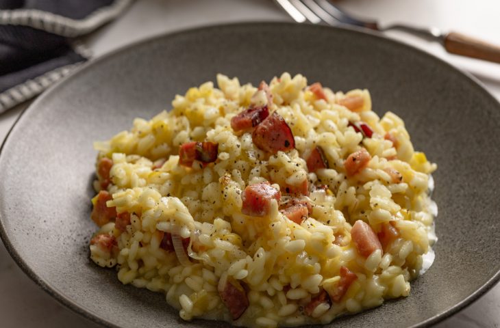 Risoto de alho-poró com bacon