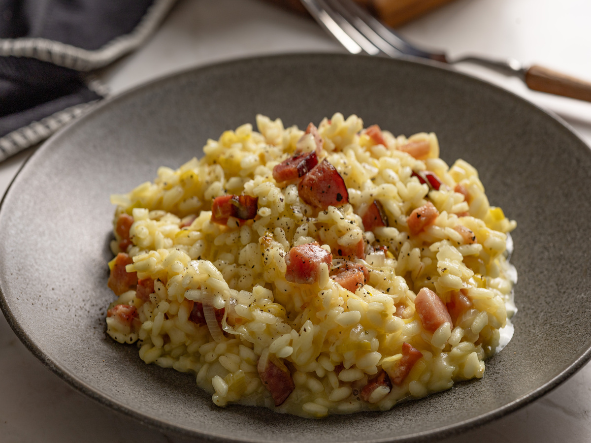 Risoto de alho-poró com bacon