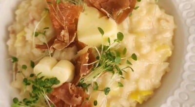 Risoto de bacalhau com amêndoas
