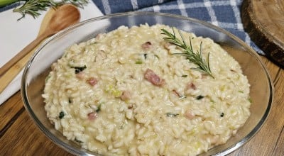 Risoto de bacon com alho-poró