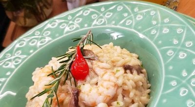 Risoto de camarão e shitake