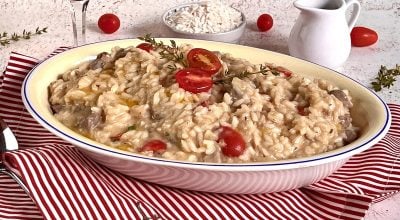 Risoto de filé mignon com pupunha e tomate-cereja