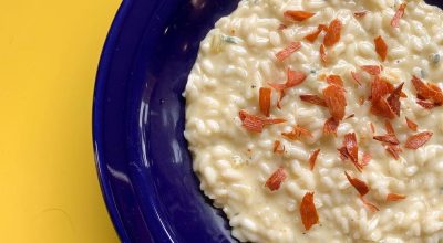 Risoto de gorgonzola com crisps de presunto Parma