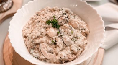 Risoto de ostras com gorgonzola e açafrão