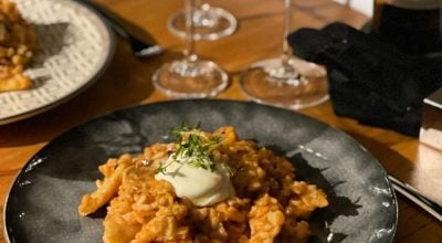 Risoto de tomate com bacalhau